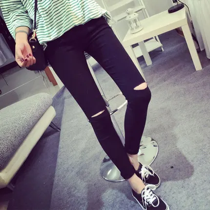 Women's Hole Punching Slimming Leggings Black Nine Points Thin New Style Spring Autumn Outwear Pencil Skirt Bottoms