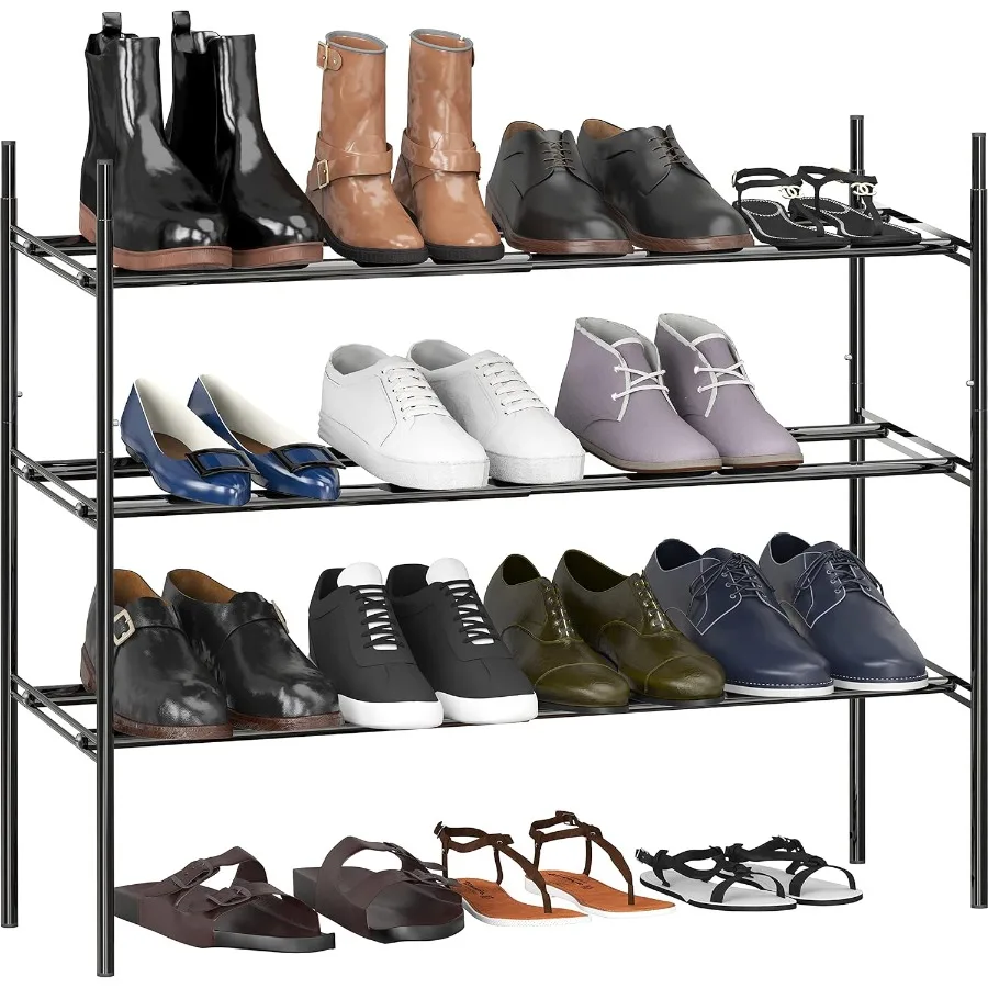 

3Tier Expandable and Stackable Shoe Racks with Shelves for 12 Pairs of Shoes Black