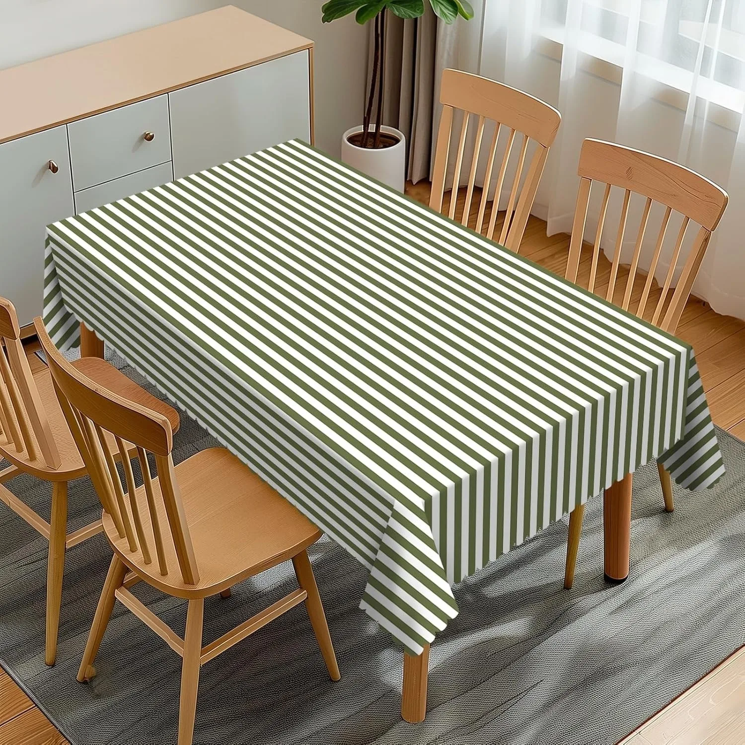One simple and fashionable green and white striped tablecloth - modern minimalist style, vertical pattern design