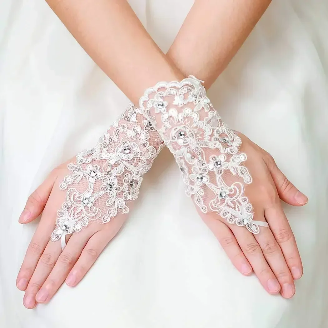 Lace Gloves Wedding Crystal Gloves Bridal Flower Gloves for Women