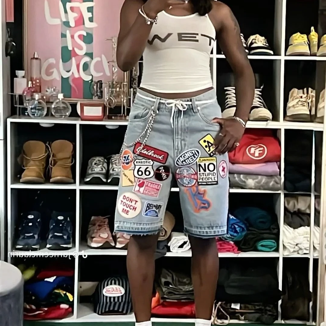 Y2k Composite Hiphop Cartoon Patchwork Jeans Streetwear Jean Blue Loose Short Casual Pattern Jean Shorts Sweatpants Women Shorts