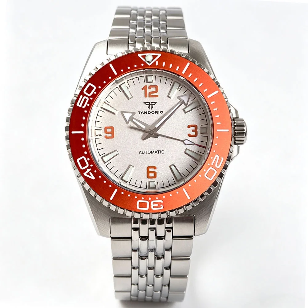 Tandorio 40mm Orange Weiß Blau Leuchtend 20ATM Wasserdicht Taucheruhr Japanisches NH35A Automatikwerk Herrenuhr Saphirglas 120-Klick-Lünette Retro