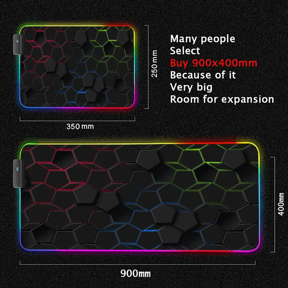 3D Hexagon Mouse Pad Large RGB Gaming Mousepads LED Light Locked Edges Game Accessories Table Pads PC Keyboard Mat XXL 90x40cm