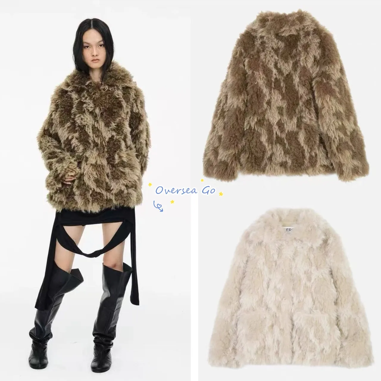 

Cerric Zhang ng Faux Fur Coat Large Collar Mixed Color Women's Jaet Casual Sle Zipper Closure Long Sve Mid-Length