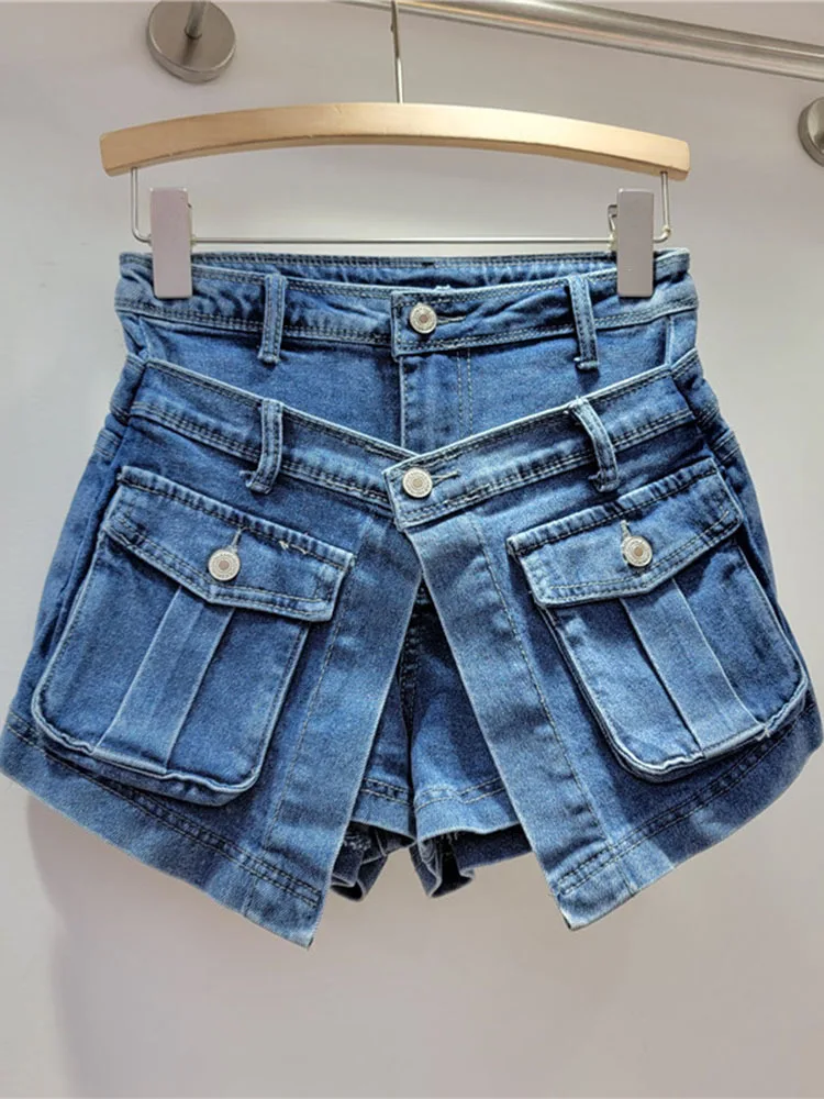 New Design Multi Pockets Denim Shorts Women Layered High Waist Y2k All-match A-line Short Pants 2024 Spring Summer X829