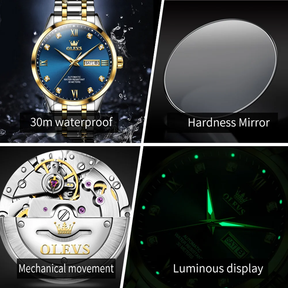 OLEVS 9946 Мужские часы Деловые автоматические механические часы Водонепроницаемые часы с двойным календарем для мужчин Дата Алмазная шкала Мужские подарки