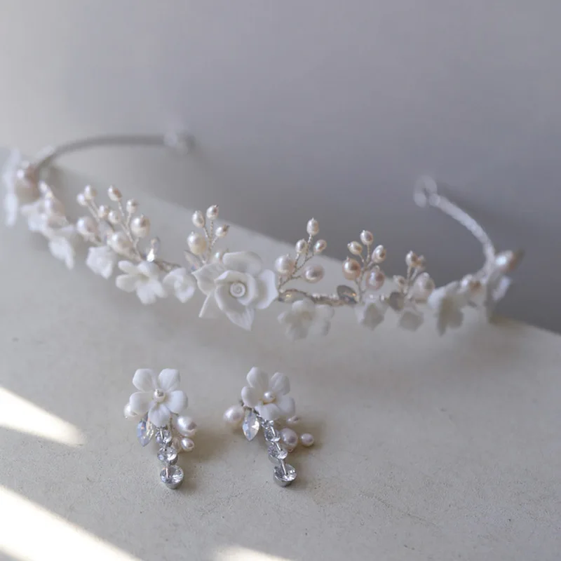 Süßwasser perlen Braut blume Tiara Stirnband mit Ohrringen handgemachte Hochzeit Abschluss ball Frauen Haar Krone Schmuck