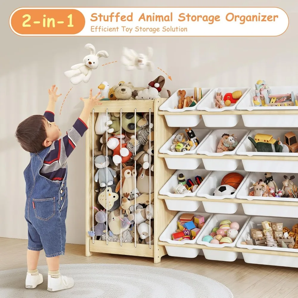 لعبة خشبية مزدوجة الأغراض ومنظم تخزين الحيوانات المحشو مع 12 صندوقًا