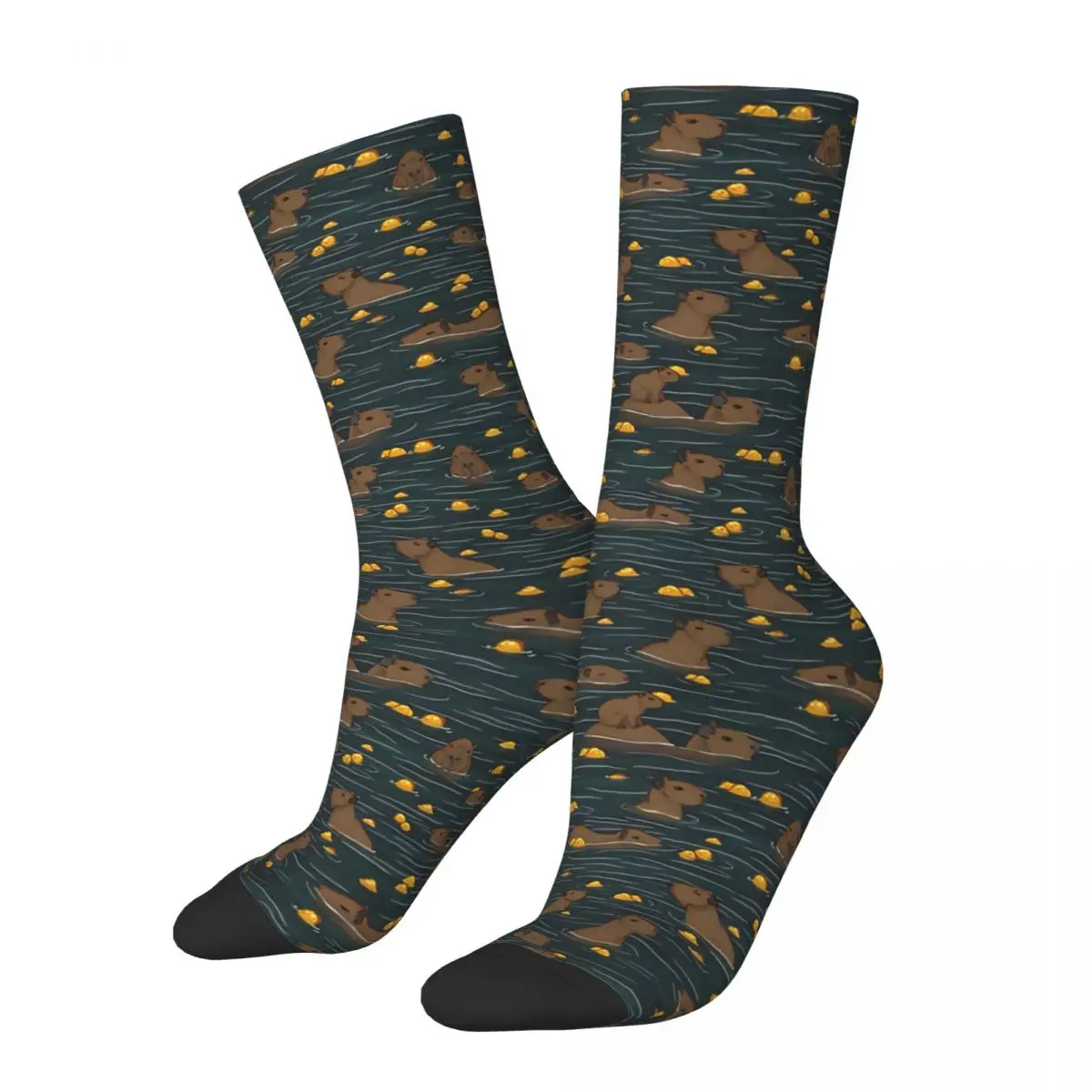 Retro Capybara Swimming With Yuzu Fruit Men's Socks Capybara Guinea Pig Unisex Hip Hop Pattern Printed Happy Crew Sock Gift