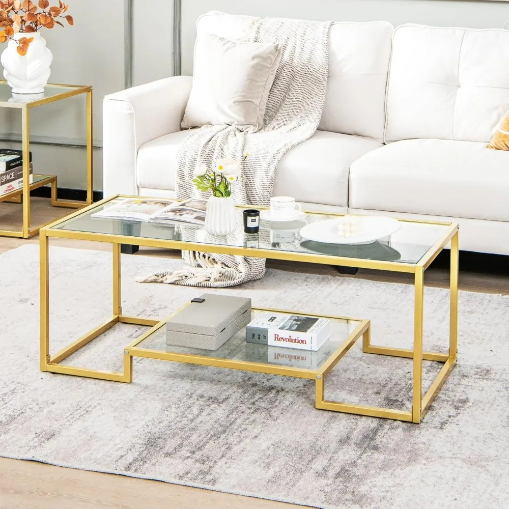 

Rectangular Glass Coffee Table, Modern Tempered Glass Center Table with Golden Steel Frame, 2 Tier Accent Table for Living Room