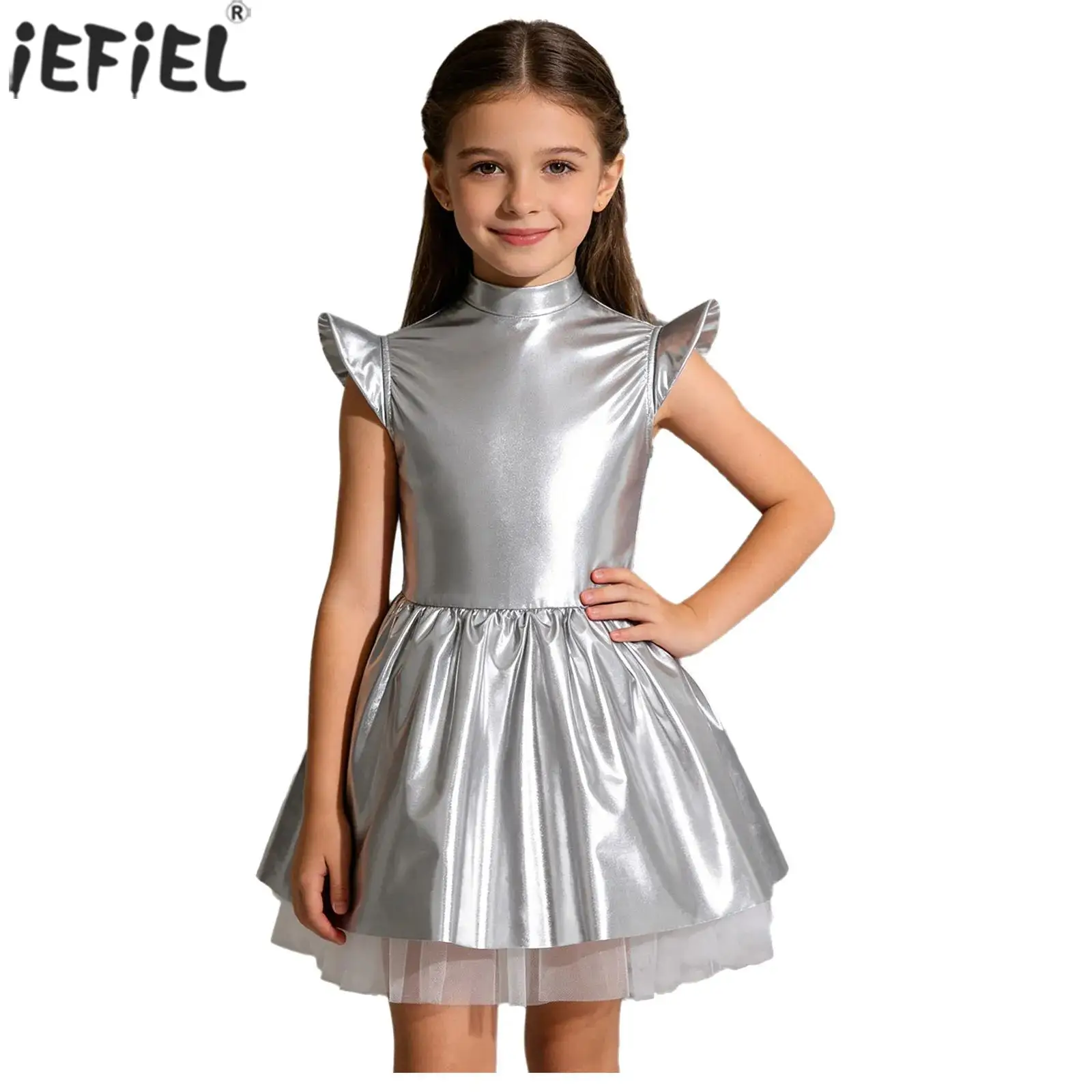 Kids Girls Alien Dress Halloween Astronaut Robot Outer Space Theme Party Dress Up Costume Glossy Metallic Ruffled Tutu Dress