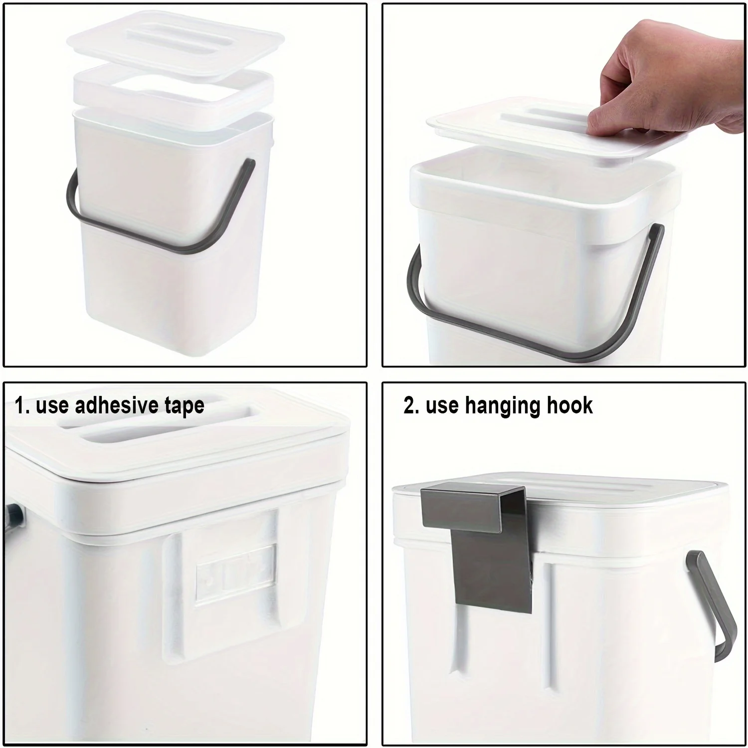 Plastic Compost Bin with Lid, 0.8Gal Capacity, Odor-Free Kitchen Waste Bin, Wall Mounted- Adhesive Tape & Hanging Hook. Versatil