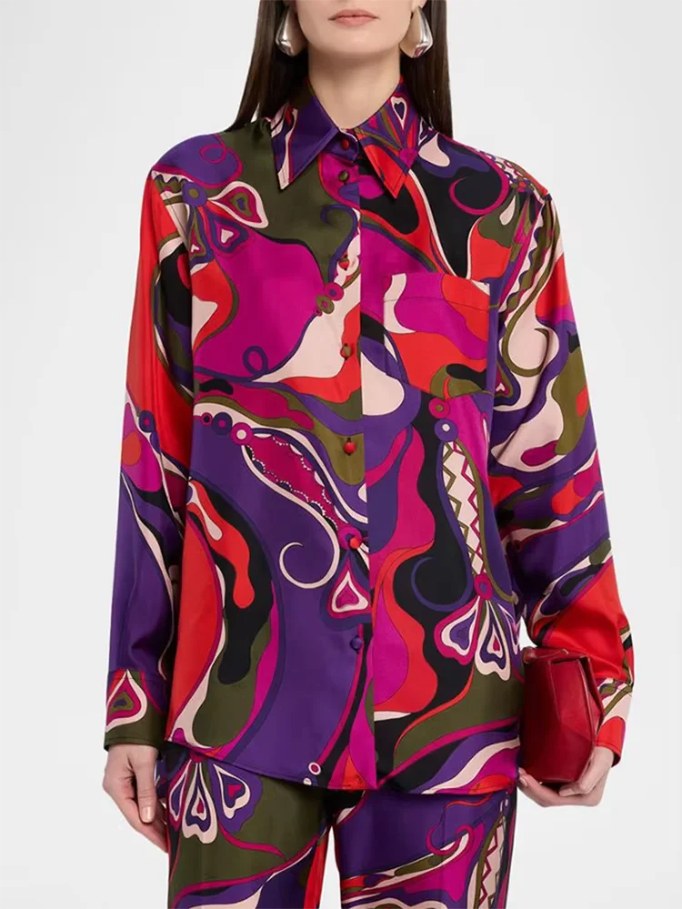 

Spring Summer Fashion Vintage Pattern Print Silk Casual Blouses Women's Turn-down Collar Single Breasted Long Sleeve Shirt