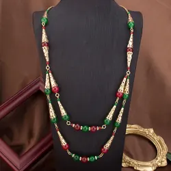Sunspicems Long Double Layered Bead Chain Necklace For Women Gold Color Arabic Bridal Jewelry Middle East Caftan Robe Neck Chain