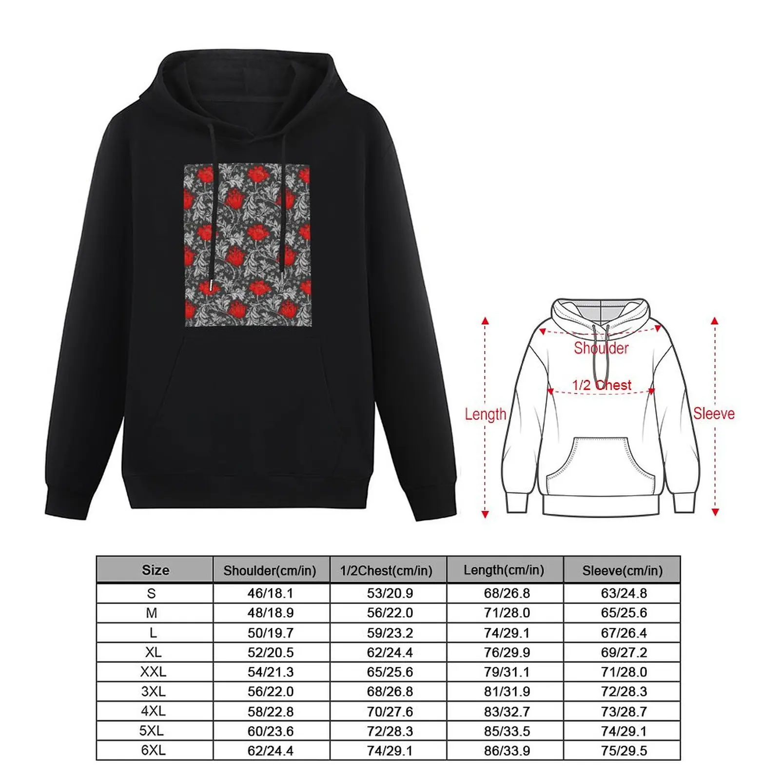 William Morris Anemone, Gray / Grey and Red Pullover Hoodie men's winter sweater men's sweat-shirt men's clothing hoodie