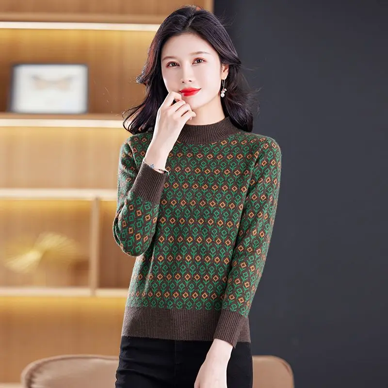 Women\'s Half High Collar Woollen Sweater Autumn Winter Thick Jacquard Loose Knit Pullovers Simple Casual Fashion Knitwear