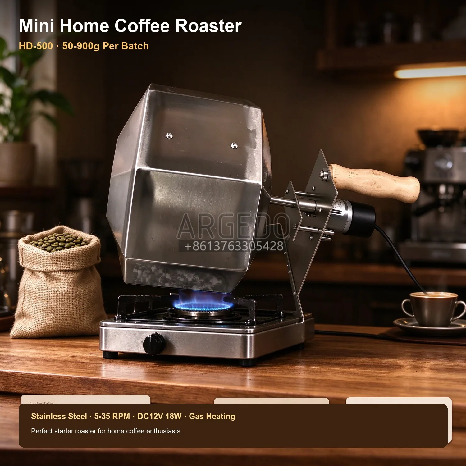 Mini Electric Coffee Bean Roaster 50-900g Home Coffee Roasting Machine 12V Stainless Steel Drum with Speed Control