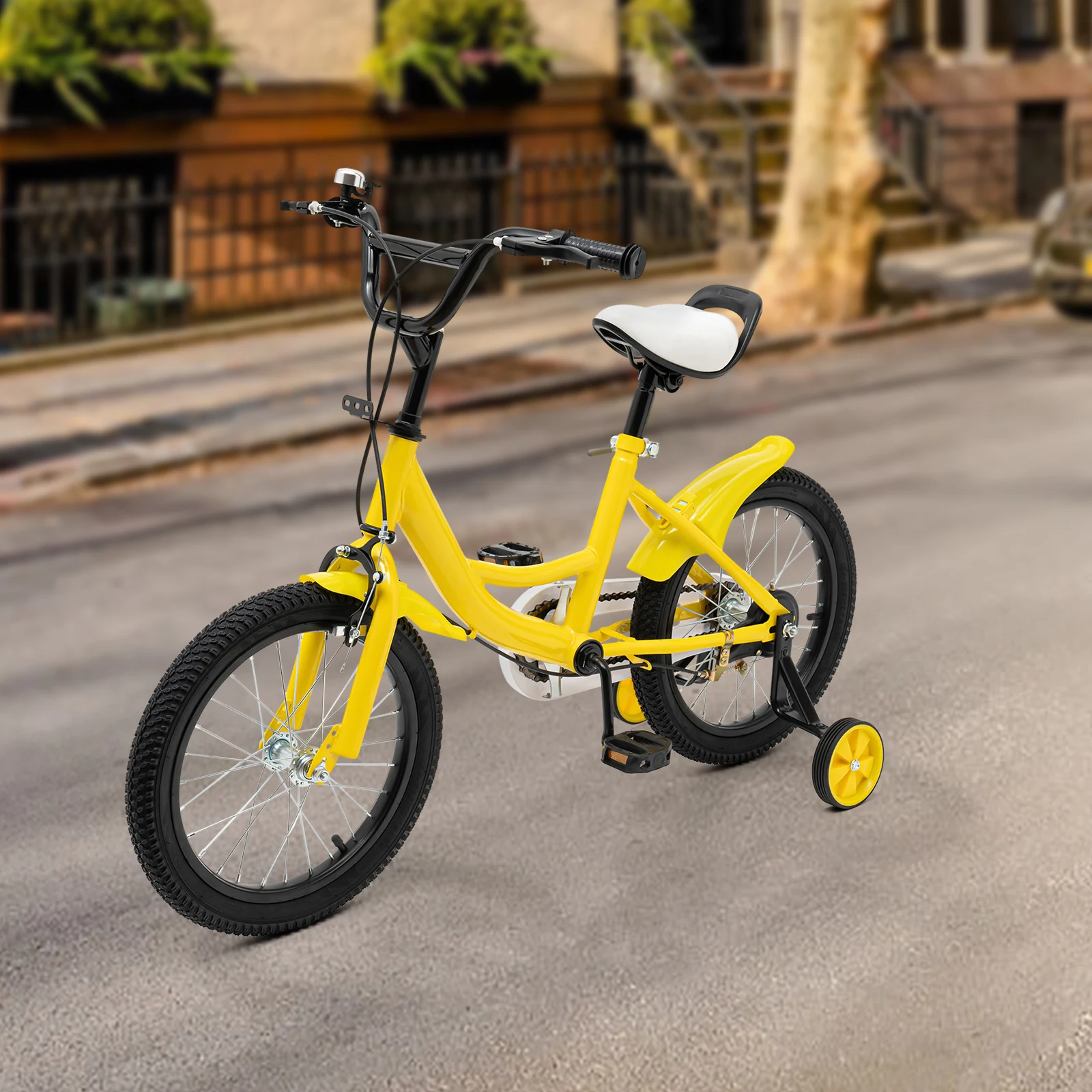 Bicicleta para niños de 16'' pulgadas, 5-8 años, con ruedas de apoyo, cuadro de acero al carbono, altura del asiento ajustable, amarillo