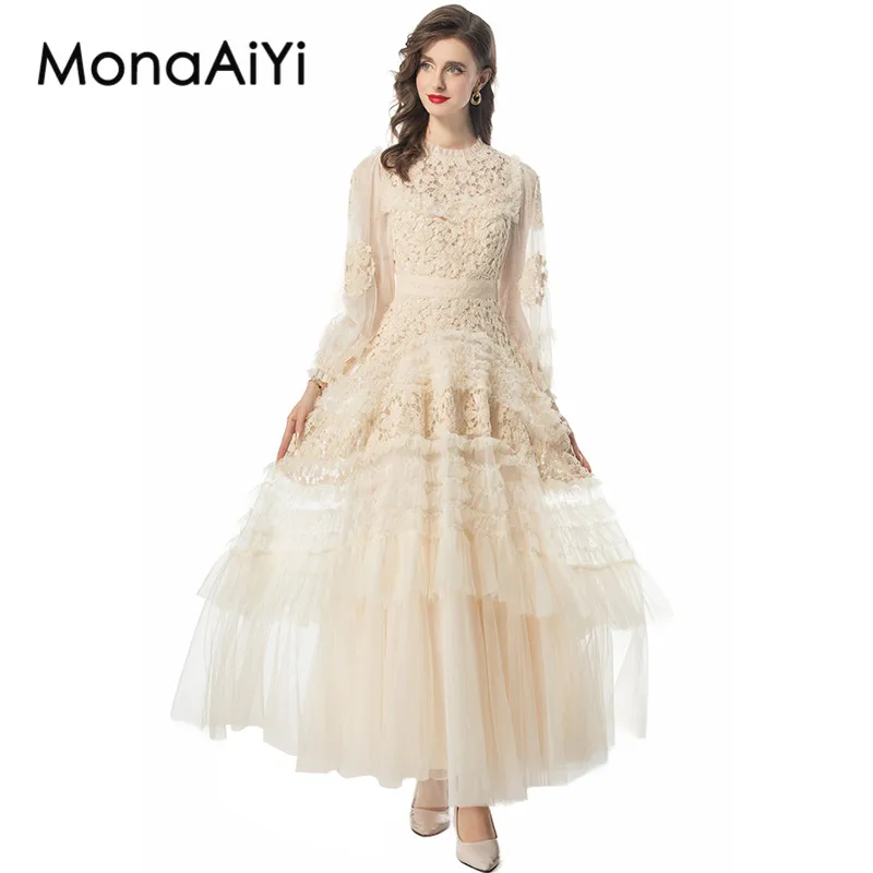 

MonaAiYi Summer Women's Ball Gown Dress Lantern Sleeved Hook Flower Hollow Tiered Ruffles Design Vintage Elegant Evening Dresses