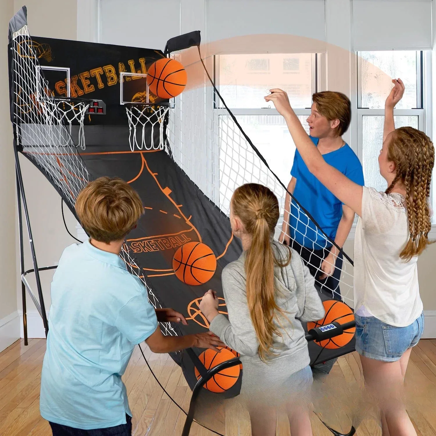 Double electronic basketball machine adult children game automatic scoring folding basketball rack