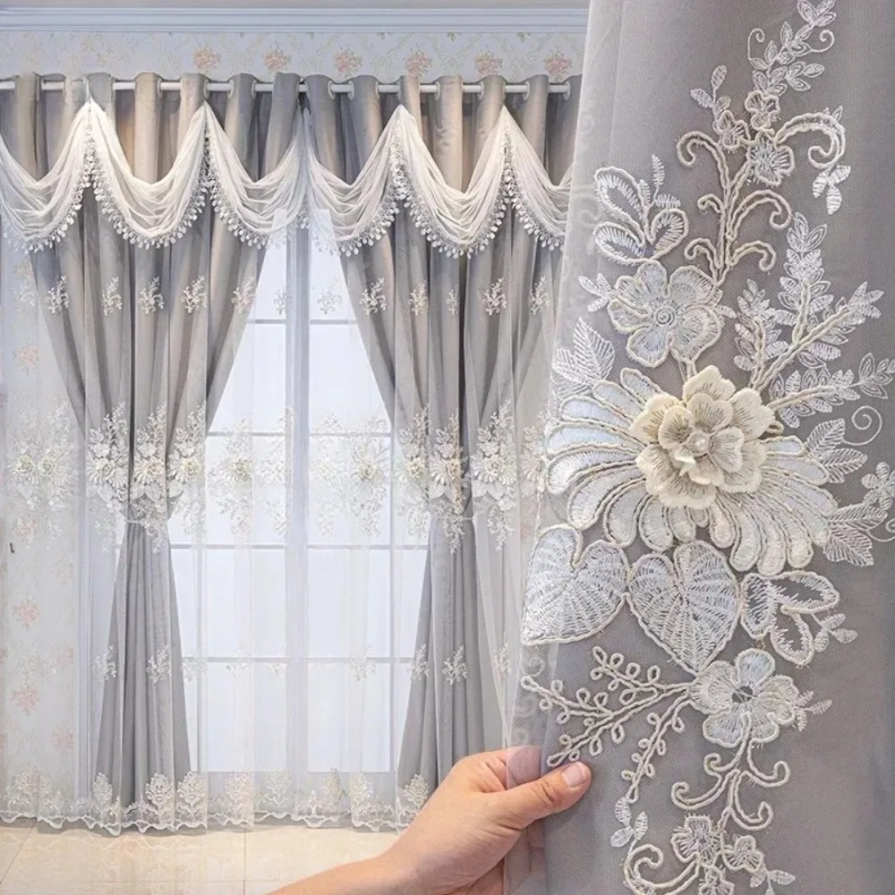 Embroidery Double Curtains for Living Dining Room Bedroom Embossed Tulle Partition Door Window Curtains Customize
