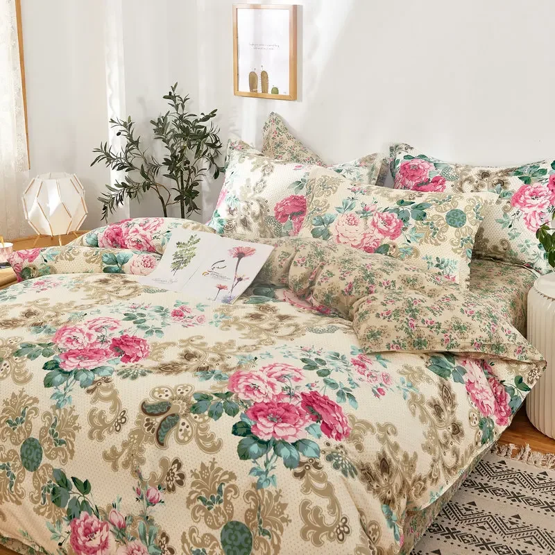 Vintage Floral Cotton Duvet Cover Set Queen Size Boho Farmhouse Bedding Fluffy Soft Flower Plants Comforter Covers All Seasons