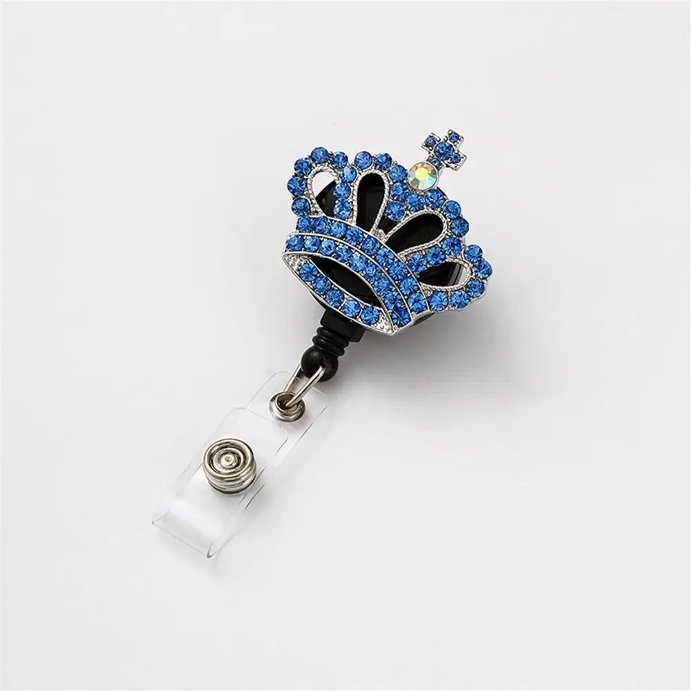Rhinestone Crown Badge Reel Rotation Diamond ID Card Holder Easy-pull Name Card Retractable Badge Holder Office Accessories