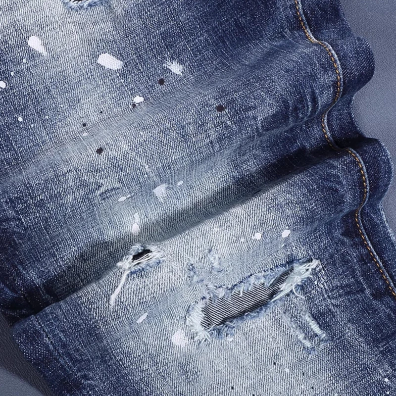 

Y2K High Street Designer Fashion Men Jeans Retro Blue Stretch Slim Fit Painted Ripped Jeans Men Brand Vintage Denim Pants Hombre