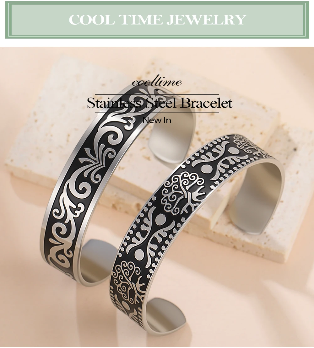 COOLTIME Vintage Muster Armband Edelstahl Blume Wort Baum Persönlichkeit männer Manschette Armreif Schmuck Zubehör – Detail 1