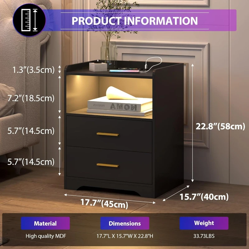 Black LED Nightstand with Charging Station Modern 24-Color RGB LED Lights Smart Lighted Black Bedside Table 2 Drawers Bedroom - view 5