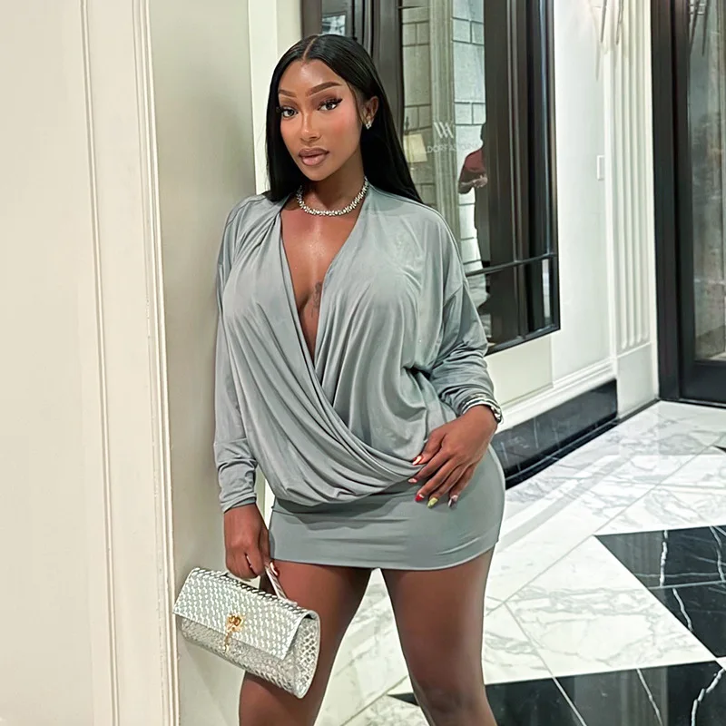 

V Neck Pleated Dress Evening Club Wear Dresses 2025 Women Fall Clothes Luxury Outfits Sexy Bodycon Mini Party Dress
