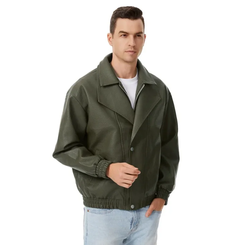 New Men Fashion Casual Lapel Leather Jacket Outdoors Loose Simplicity Comfort Coat Spring Autumn Windproof Solid Versatile Tops