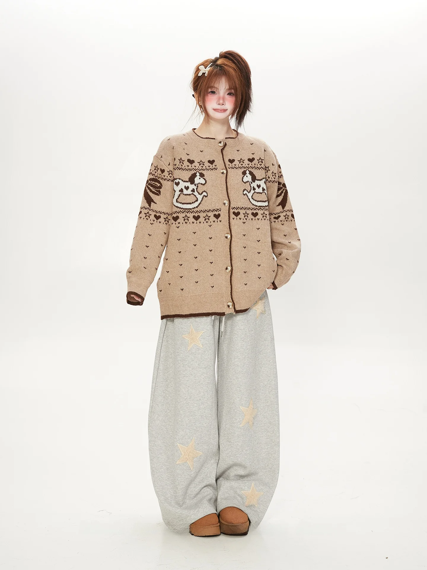 

Retro Fair Isle Cartoon Heart Pattern Knitted Sweater Coat Women's Loose Lazy Sle Soft Warm Autumn Winter Top