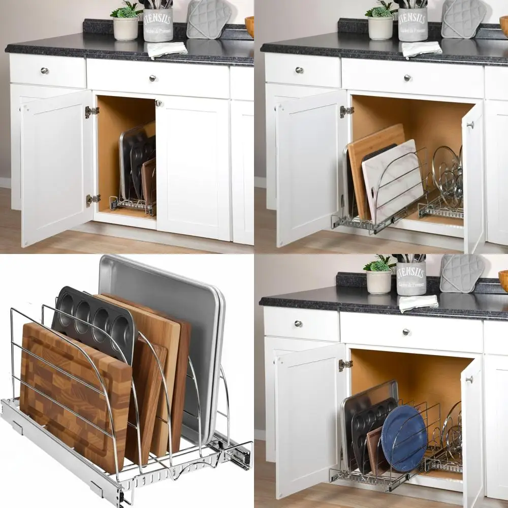 

Adjustable Heavy-Duty Chrome Pull-Out Organizer for Bakeware, Cutting Boards, and Trays - Fits Narrow Spaces, 12.5W x 21D x 11H