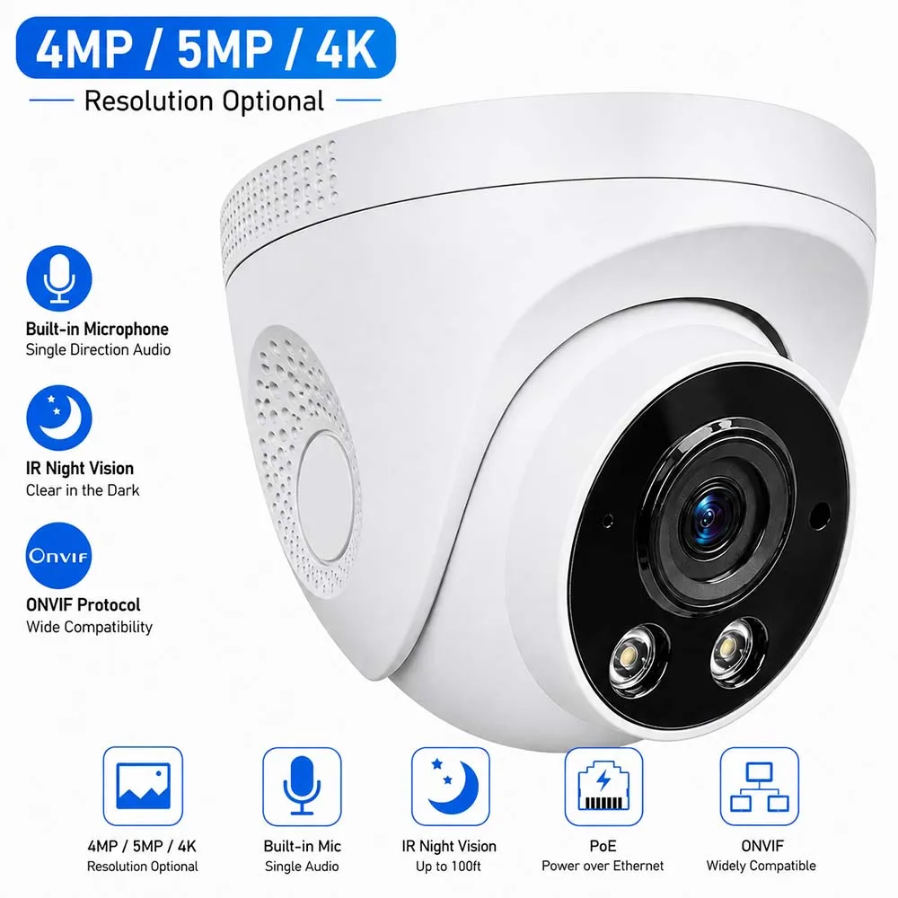 4K 8MP PoE Security Camera 4MP 5MP 4K Indoor Dome IP Camera ONVIF Built-in Mic IR Night Vision CCTV Surveillance Camera for NVR