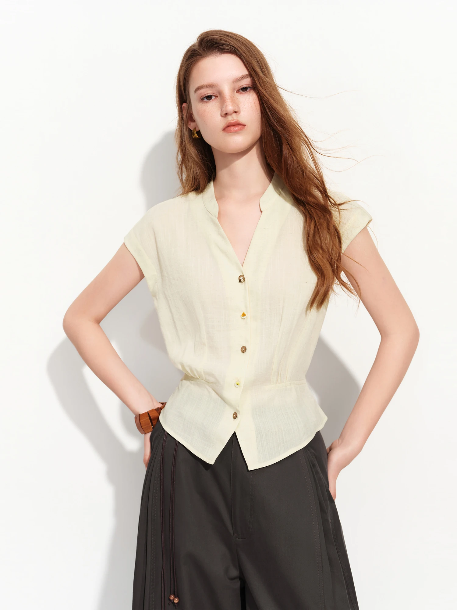 FSLE 2026 Summer Women's Linen V-Neck Cap Sleeve Blouse with Plaid Print and Waist-Defining Fit - Casual Style for Daily Wear