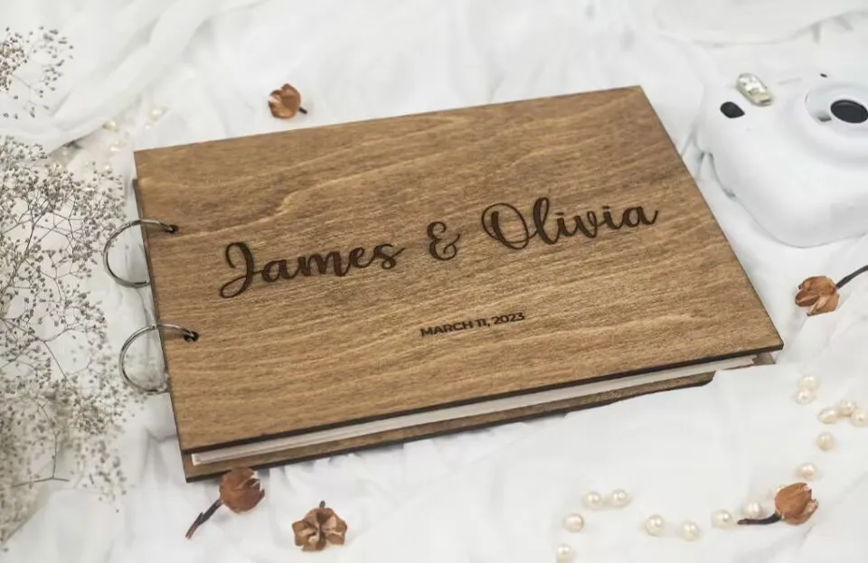 

Personalized Wooden Wedding Guest Book Adventure Book Scrapbook, Guest Book Instant Photo Booth Album for Wedding, Wedding Gift,