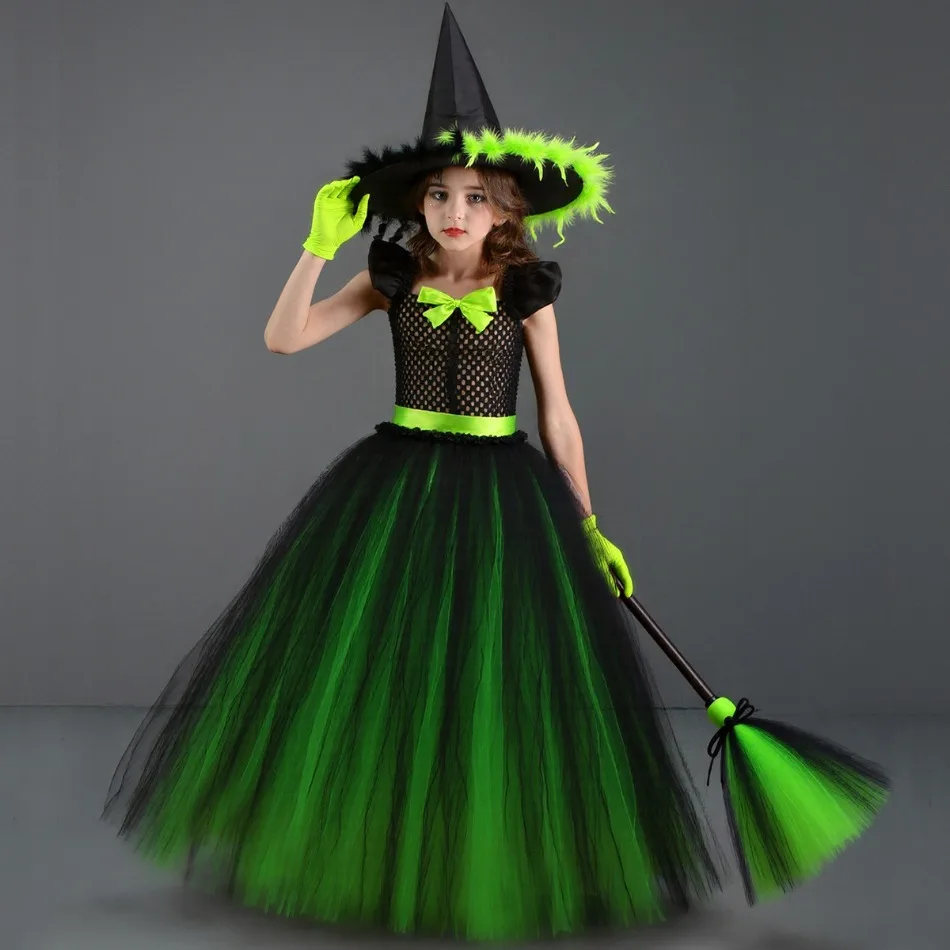 Fairytale Green Witch Dress with Hat Broom Glamour Kids Halloween Fancy Gown Tutu Robe Costume Gothic Girls Cosplay Clothing
