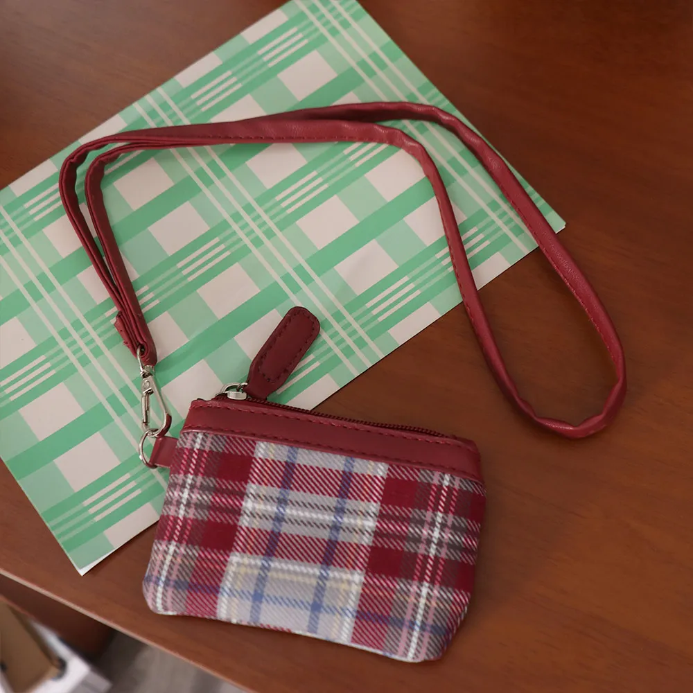 PU Leather Check Suede Coin Purse Hanging Neck Shoulder Bag Mini Storage Bag Card Holder Lipstick Earphone Pouch Lanyard Wallet