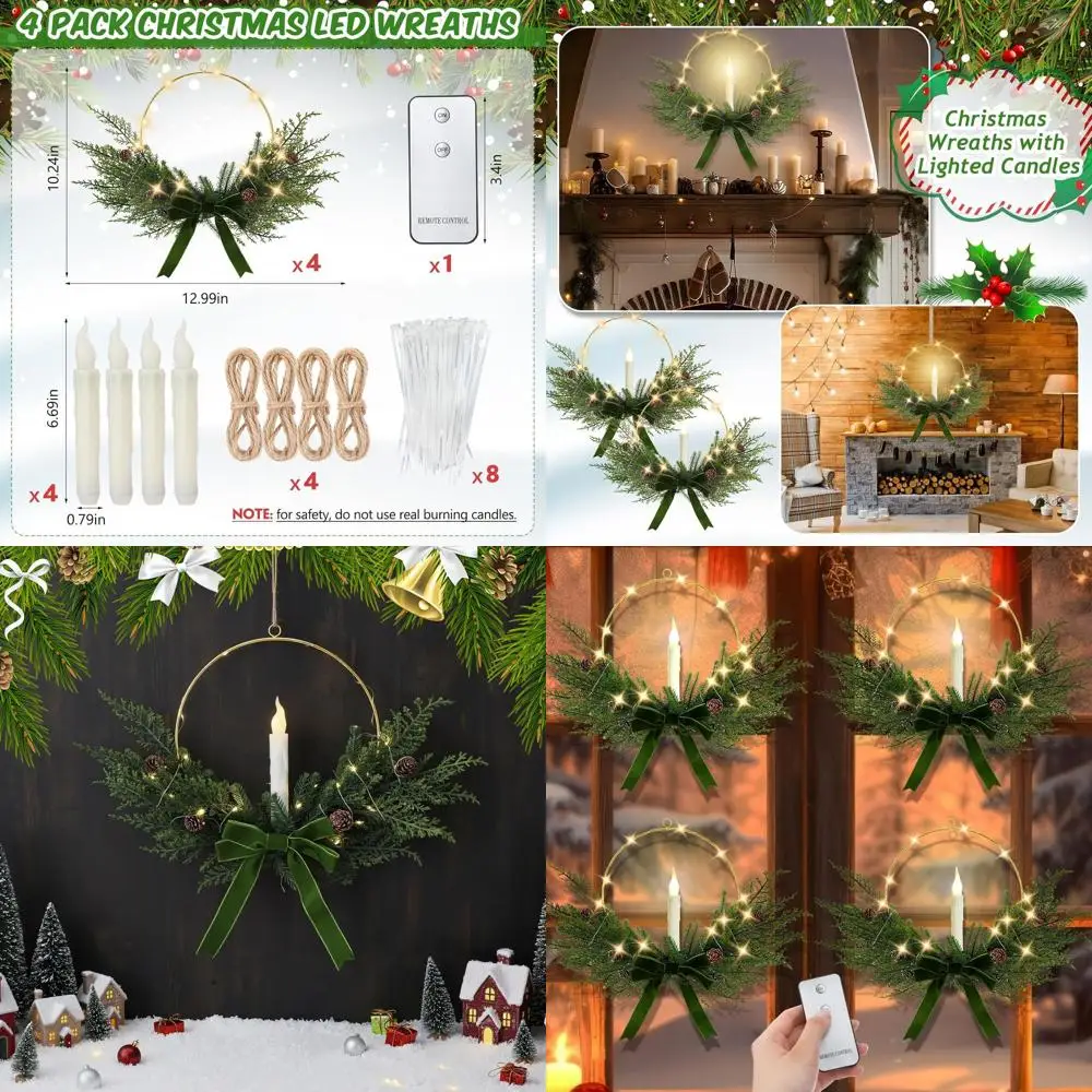 

13'' LED-lit Christmas Wreath with Remote & Light Cord for Front Door and Window, Party Decor (Bow, Green)