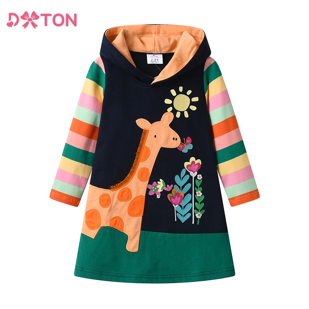 

DXTON Girls Cotton Hooded Dress Rainbow Stripes Sleeve Children Dress Floral Giraffe Applique Winter Christmas Kids Casual Dress