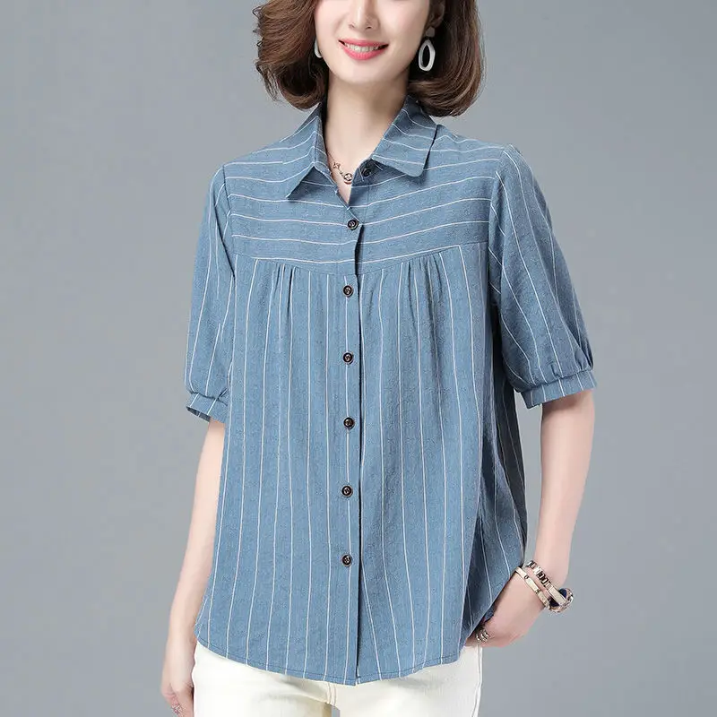 Women\'s Summer Turn-down Collar Striped Button Solid Lantern Half Sleeve Shirt Cardigan Casual Elegant Fashion Office Lady Tops