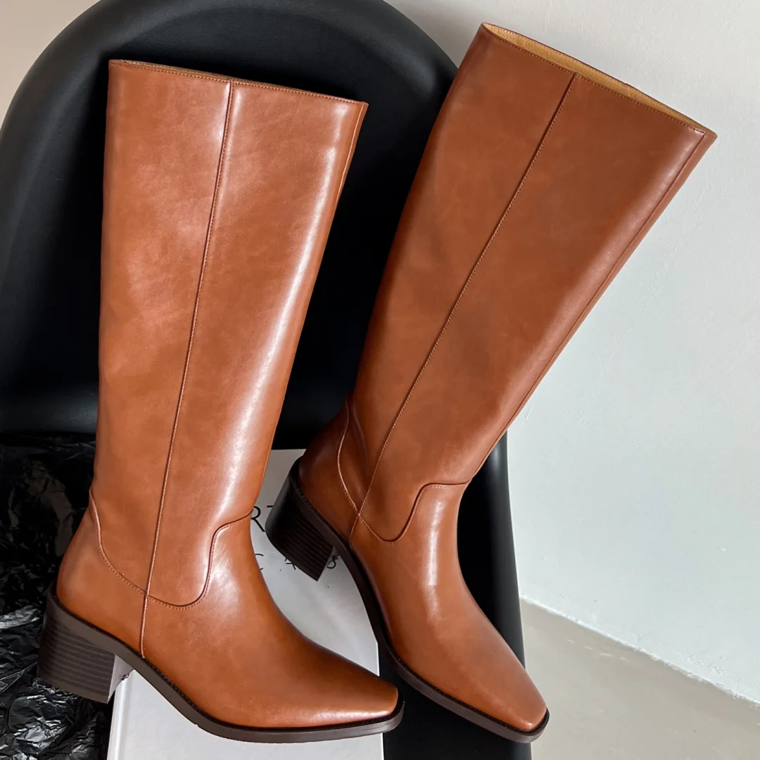 Botas hasta la rodilla de cuero genuino para mujer, tacón grueso de 6cm, punta cuadrada, sin cordones, informales, punk, zapatos largos, otoño