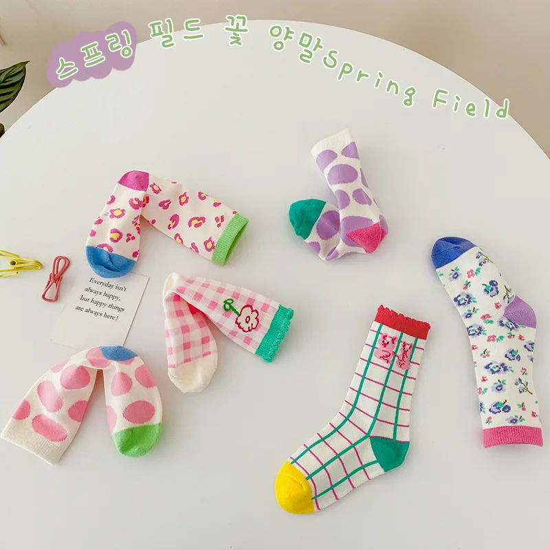 3Pairs Pack 1-8 Year 2022 spring color-blocked plaid floral socks bubble mouth girls socks