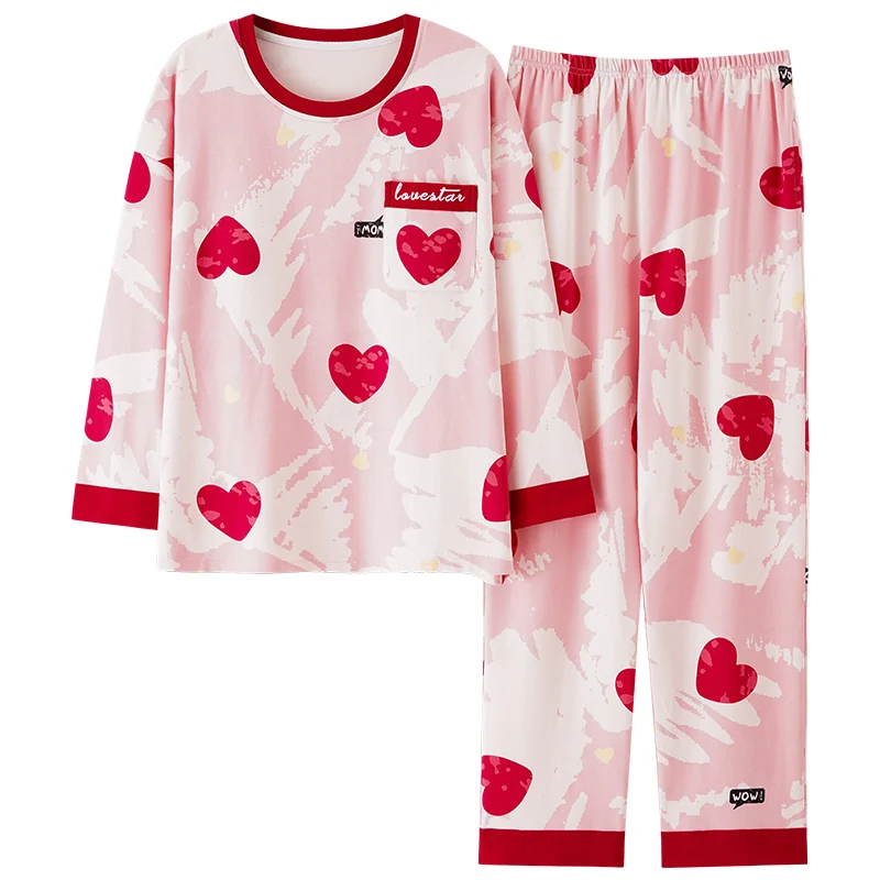 Pink Love Heart Pajama Set Women Cute Sleepwear Long Sleeves Long Pants Autumn Winter Kawaii Pyjamas Soft Pijama Cozy Nightshirt