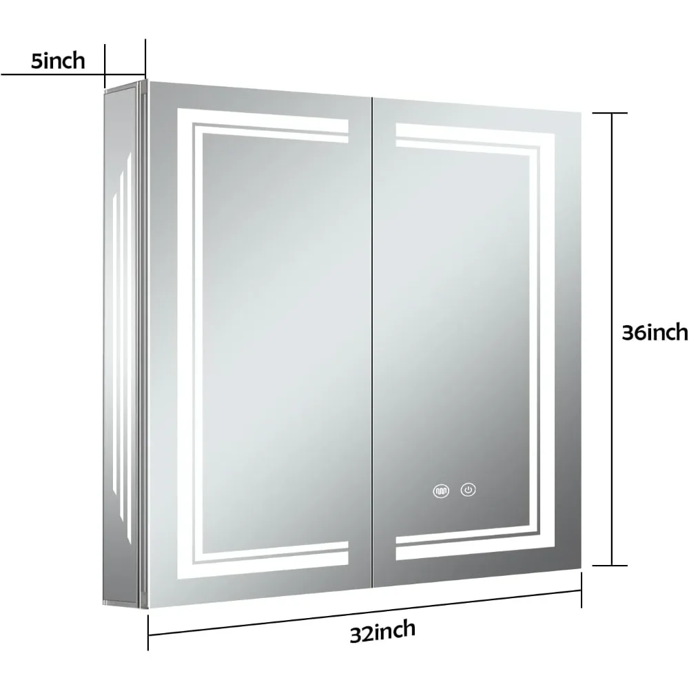 36×32in medicine cabinet with light, 3-color and dimmable, scaler, internal light, USB shaver socket, corrosion resistant