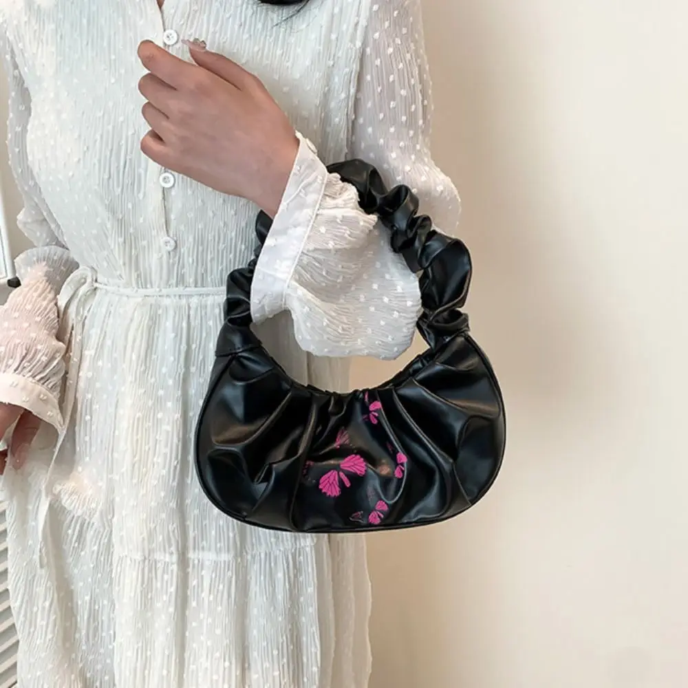 

Casual Korean Style Female Cloud Bag Printing PU Leather Pleated Handbag Tote Bag Pure Color Butterfly Underarm Bag Travel