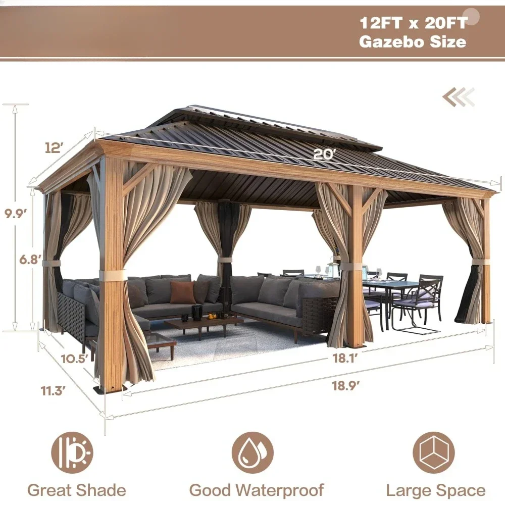 12'x20' Hardtop Gazebo, Wooden Finish Coated Aluminum Frame Gazebo with Galvanized Steel Roof, Outdoor Metal Gazebos