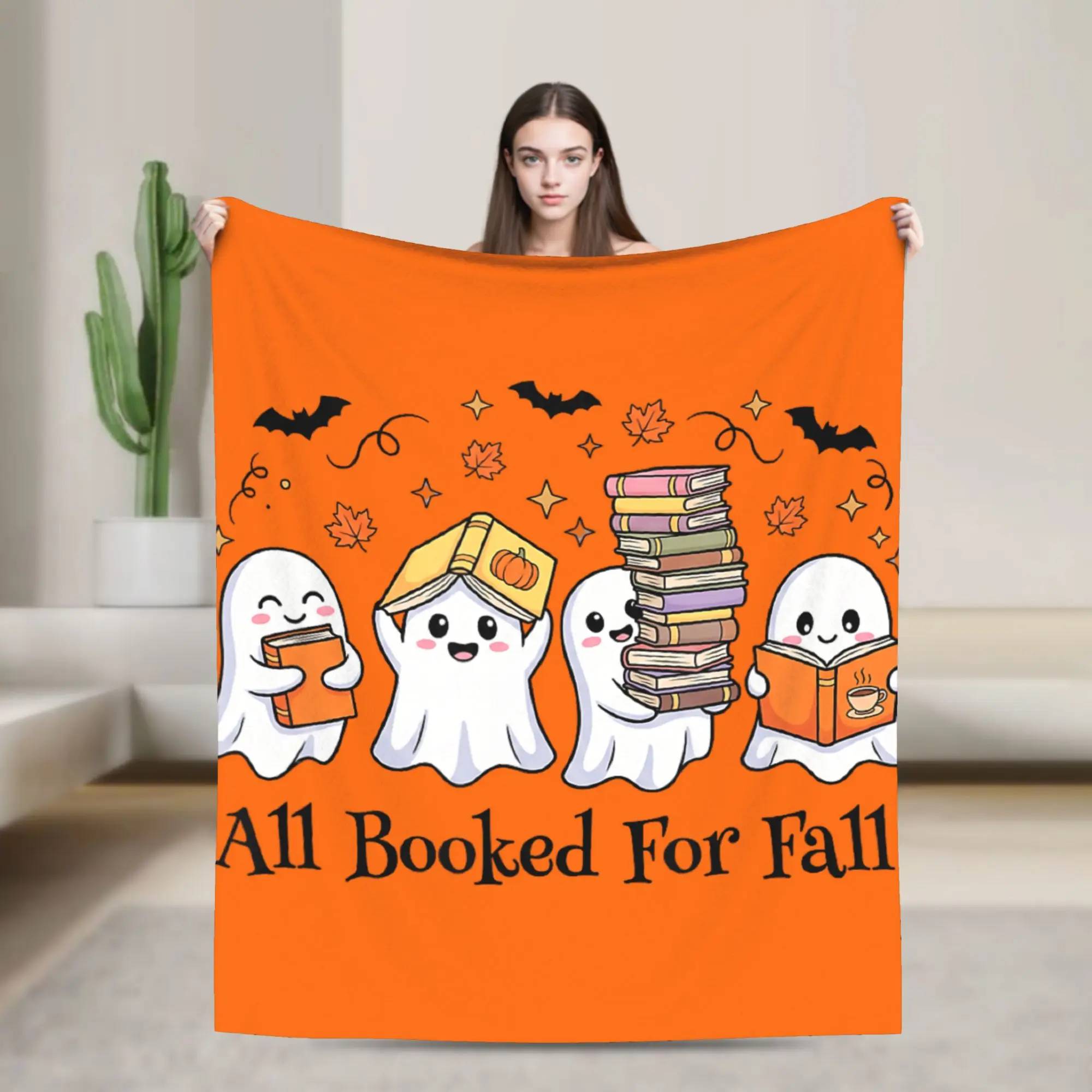 All Booked for Fall Halloween Ghost Knitted Blanket Book Lover's Wool Throw Blanket Summer Air Conditioning Portable Bedspreads