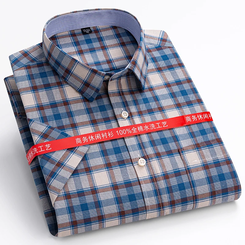 Summer New Men's Oxford Shirts Short Sleeve 100% Cotton Plaid Soft Regular Fit Formal Dress Shirt Social Blouse Male Clothing